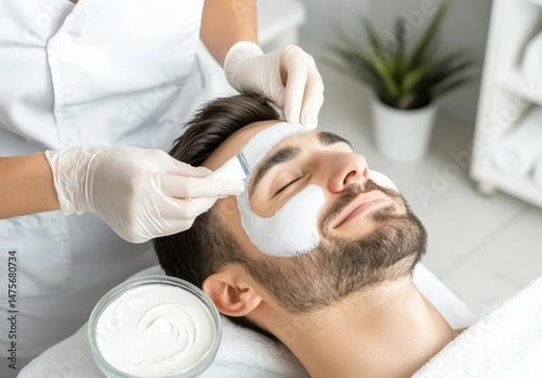 Fototapeta Relaxing facial treatment for a young man with a calming white cream mask applied by a beautician in a modern spa setting with soothing atmosphere