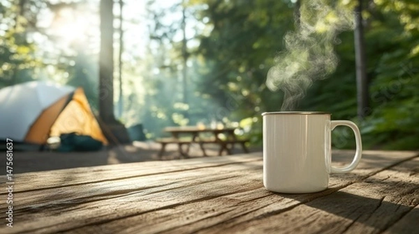 Fototapeta Steaming Coffee Mug on Wooden Table in Tranquil Forest Camp Setting with Tent and Sunlight Filtering Through Trees
