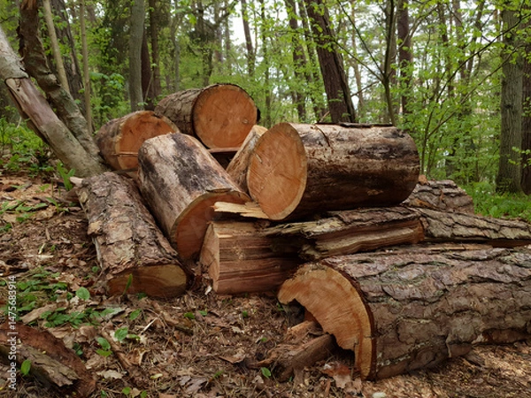 Fototapeta Close up of woodpile - stack from sawed pine tree trunks log for timber or firewood among forest at spring day. With no people springtime woodland landscape.