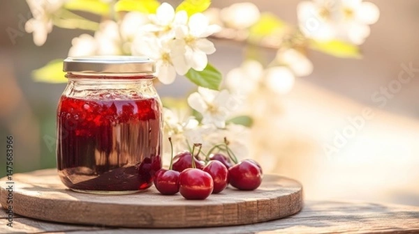 Fototapeta Beautiful jar of homemade cherry jam placed on a rustic wooden table surrounded by fresh cherries and blooming flowers in soft sunlight