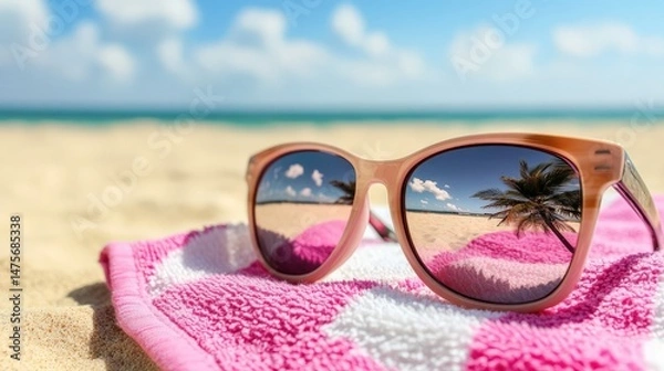 Obraz Stylish sunglasses sitting on a pink beach towel with reflections of palm trees and a serene ocean under a bright blue sky on a sunny day