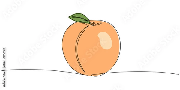 Obraz Continuous one line drawing peach. Vector illustration. Black line art on white background with colorful spots. Cartoon peach isolated on white background. Vegan concept Editable stroke