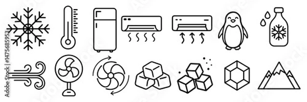 Obraz Air Conditioning, linear style icon set. Cooling systems for indoor climate control. Fans, vents and temperature regulation equipment.