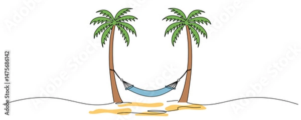 Fototapeta Coconut tree and hammock vector. Summer element. Hello summer concept. Cartoon flat vector isolated on white background
