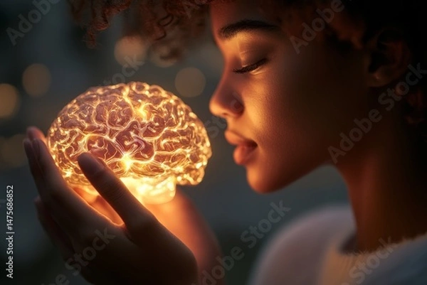 Obraz Mental Health: A close-up of a diverse person with a calm expression, holding a glowing brain model