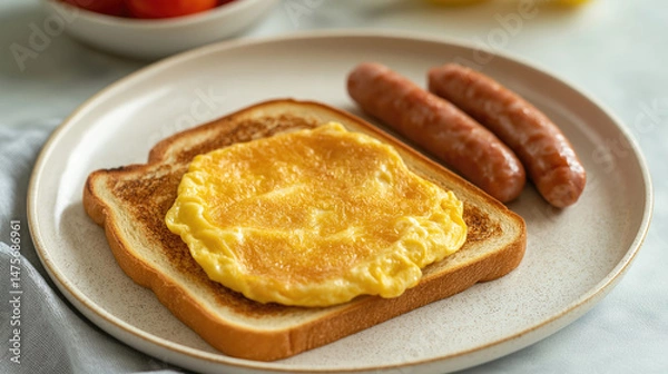 Fototapeta Breakfast plate with toast and eggs and sausage