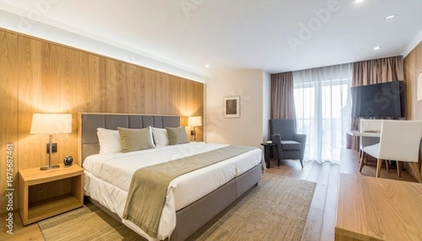 Fototapeta 朝日の差し込むナチュラルモダンなホテルルーム
