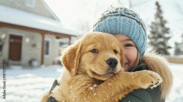 Obraz Joyful Girl Embracing Golden Retriever Puppy in Winter Landscape with Snow-Covered House in Background on a Bright Sunlit Day