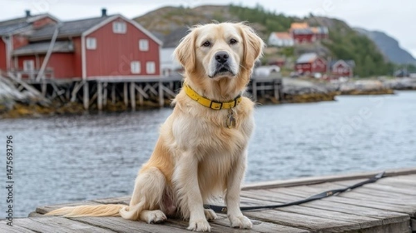 Fototapeta Golden retriever sitting on a wooden dock near calm water with colorful houses in the background, capturing a serene and picturesque moment in nature