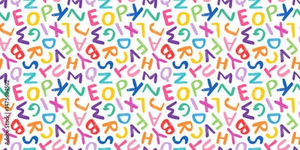 Fototapeta Cute colorful alphabet vector seamless pattern for kids and school designs, Hand written bright vibrant letters for backgrounds, wrapping paper