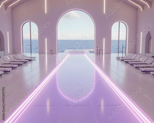 Fototapeta Indoor infinity pool overlooking ocean;  luxury spa relaxation; minimalist architecture; calm background; wellness retreat advertising