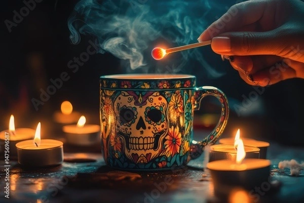 Fototapeta Sugar Skull Mug with steaming drink, and candles.