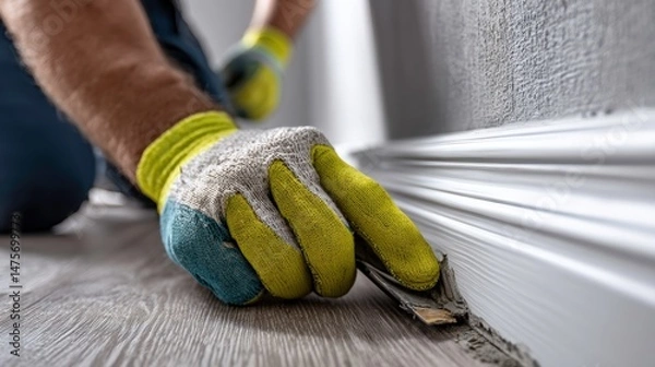 Fototapeta Worker Applying Finishing Touches to Wooden Floor with Spackle, Wearing Colorful Gloves, Close-Up Capture of Renovation Process in Home Improvement Project