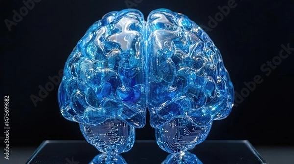 Fototapeta A translucent blue brain model with circuit board patterns on a reflective black surface display