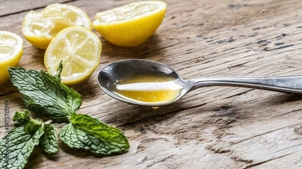 Obraz Fresh Honey with Lemon Slices and Mint on Rustic Wooden Surface