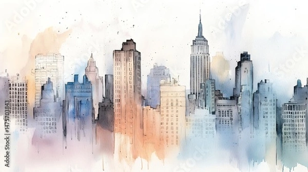 Fototapeta Watercolor Cityscape Muted Blues and Oranges Skyline