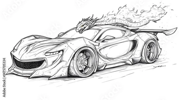 Obraz A stylized illustration of a futuristic racing vehicle with a dragon.