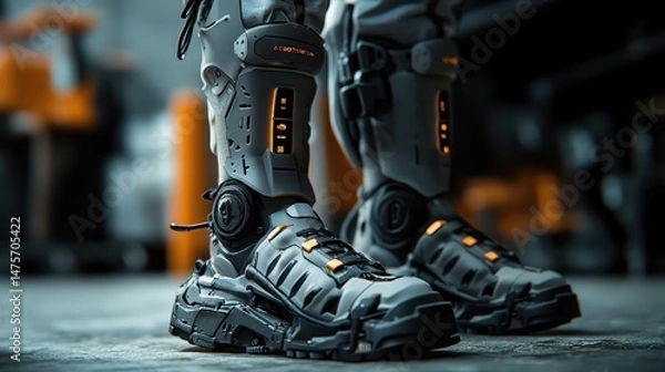 Fototapeta Close up of futuristic boots with intricate details and orange accents on a blurred background