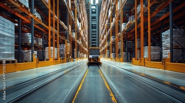 Fototapeta Automated guided vehicle moving through warehouse aisle with tall storage racks and palletized goods