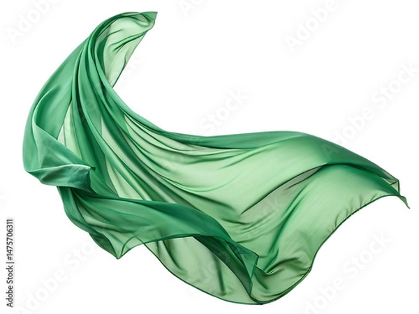Fototapeta Flying green silk fabric isolated on transparent background. A green silk scarf is shown in the air, with the fabric flowing and creating a sense of movement.