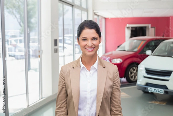 Obraz Red and white SUVs are standing on showroom floor in car dealership, with red accent wall