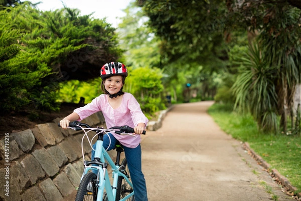 Obraz Light blue bicycle is resting on dirt path in park, bordered by stone wall and shrubs