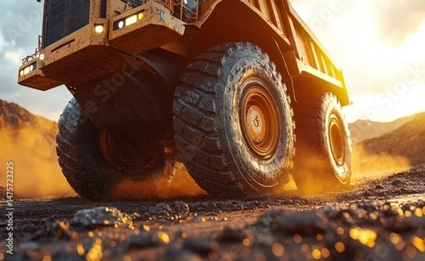 Obraz Close-up of the large tires of a heavy mining dump truck moving on rough terrain with dust and sunlight in a mountainous area