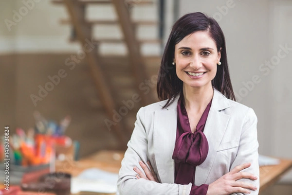 Fototapeta wooden desk holding colored pens and papers in office while ladder leaning against beige wall