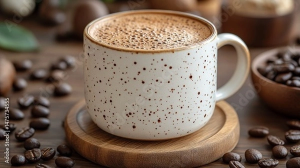 Fototapeta Warm cup of coffee with frothy surface on wooden table surrounded by coffee beans and natural elements, inviting and cozy atmosphere for java lovers