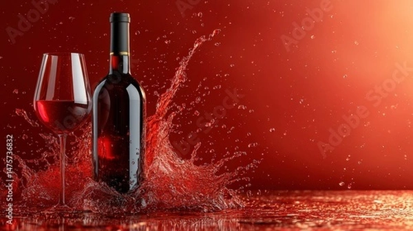 Fototapeta Elegant red wine bottle and glass with splashes on vivid crimson background, showcasing luxury beverage and celebration essence in perfect harmony