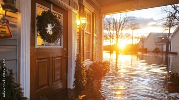 Fototapeta Serene Sunset Over Flooded Suburban Home With Front Door Wreathed in Green, Reflecting Water and Warm Light on a Calm Evening Scene