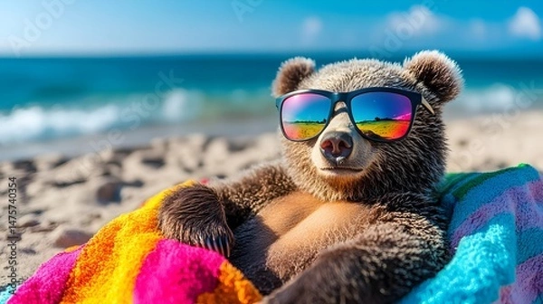 Fototapeta A relaxed brown bear cub wea colorful sunglasses lounges on a vibrant beach towel near the ocean.