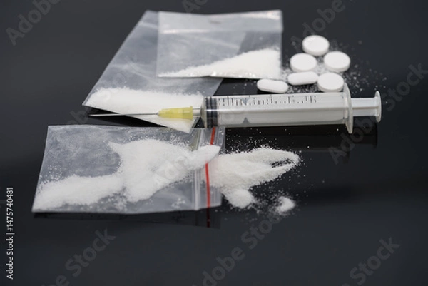 Fototapeta syringe used to prepare heroine.Narcotics addiction,. White pills and Plastic bag of powdered mephedrone drugs