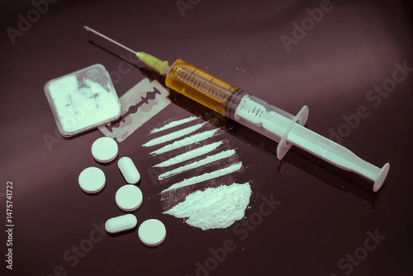 Fototapeta   disposable syringe used to prepare heroine.Narcotics addiction,. Plastic bag of powdered mephedrone drugs