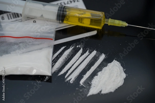 Fototapeta   disposable syringe used to prepare heroine.Narcotics addiction,. Plastic bag of powdered mephedrone drugs