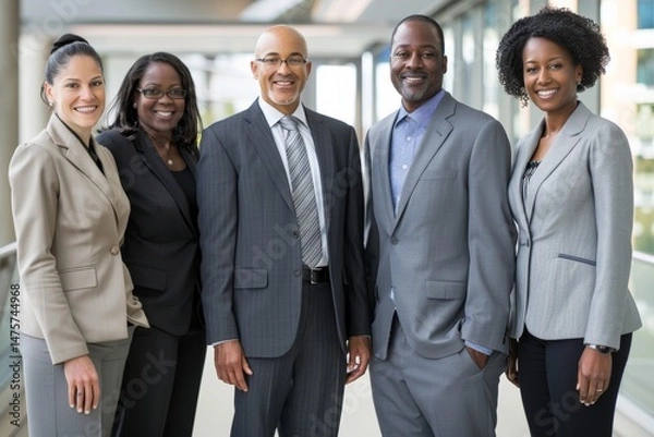 Fototapeta Group of diverse business people standing in a row smiling at the camera