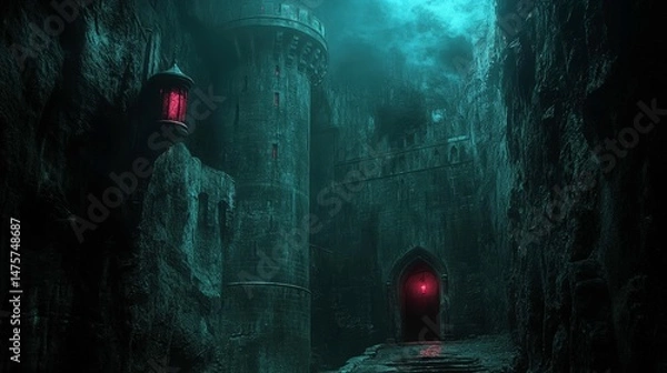 Fototapeta Mysterious Dark Castle with Red Light in Foggy Atmosphere, Enigmatic Landscape, Eerie Shadows, Eerie Stillness, Spectral Elements, Unseen Worlds Await