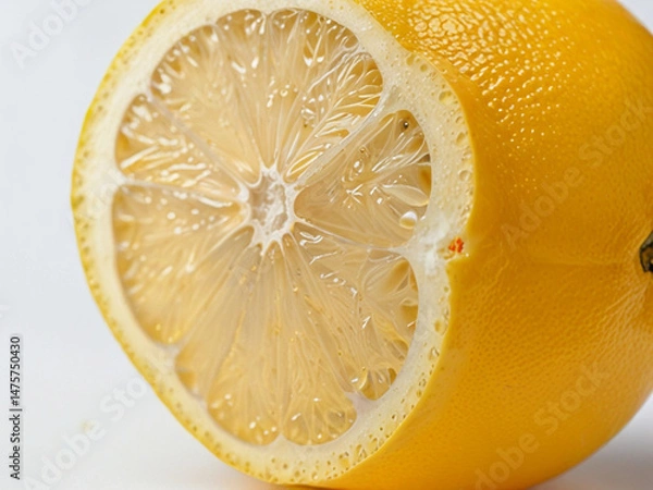 Fototapeta Photorealistic Macro Closeup of a Juicy Yellow Lemon Half on White Background