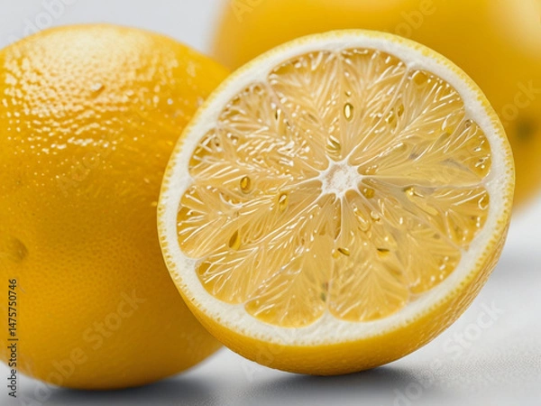 Fototapeta Photorealistic Macro Closeup of a Juicy Yellow Lemon Half on White Background