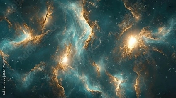 Fototapeta Stunning Cosmic Nebula in Vibrant Blues and Golds, Swirling Stellar Clouds with Distant Stars and Galactic Gas in a Vast Universe of Wonder and Beauty