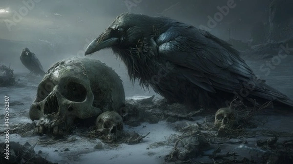 Fototapeta Dark and Mysterious Landscape with Raven and Skull, Depicting Themes of Death, Nature, and the Supernatural in an Atmospheric Environment