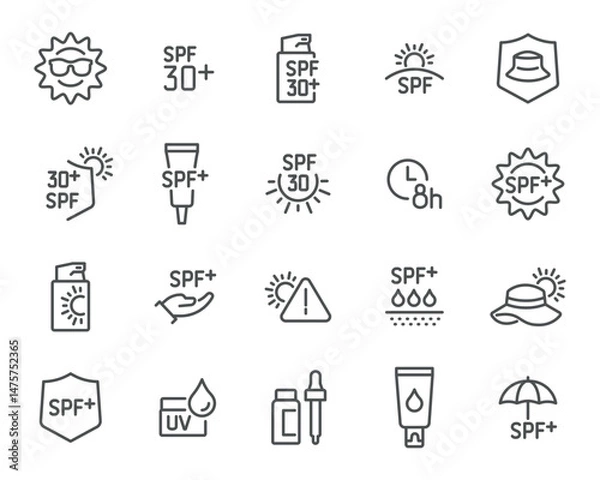 Fototapeta Editable Vector Icon Set for Sun Protection in Linear Style. The set features icons representing the sun, sunscreen, hats, sunglasses, and UV protection, all harmoniously proportional.