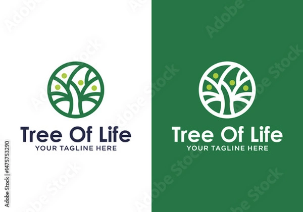 Fototapeta tree of life vector design logo. vector design nature logo line art tree and human or person inside circle, abstract tree logo symbol inside circle and human