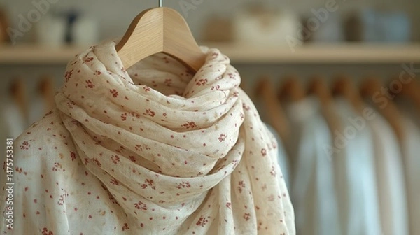 Obraz Elegant lightweight scarf with floral design displayed on a wooden hanger in a fashion store setting surrounded by neatly arranged clothing items