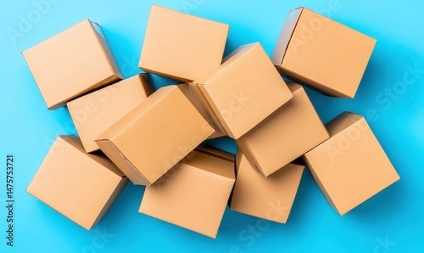 Obraz Brown cardboard boxes scattered on a vibrant blue background ideal for packaging, shipping, storage, and e-commerce concepts in various creative projects