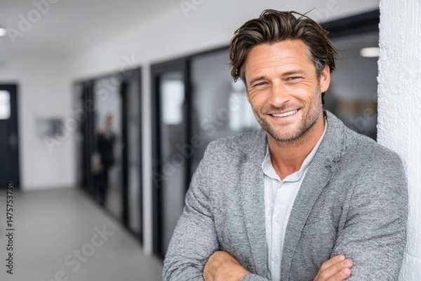 Obraz Confident young man in a professional setting smiling for the camera with arms crossed, showcasing a relaxed demeanor in a modern office environment