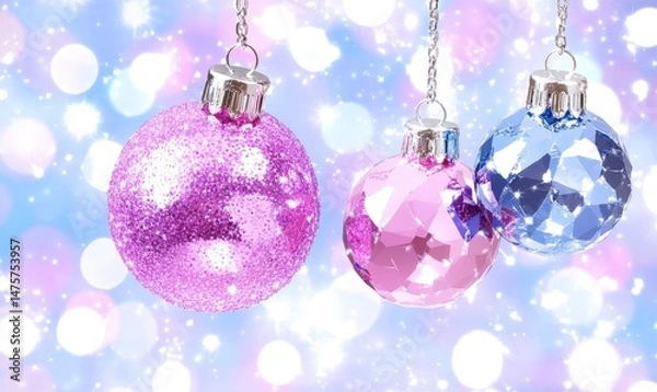 Obraz Sparkling Pink, Blue, and Silver Christmas Ornaments Hanging Against a Soft Bokeh Background Creating a Festive and Cheerful Atmosphere for Holiday Celebrations