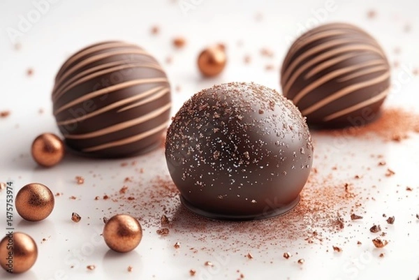 Obraz Elegant Dark Chocolate Truffles with Decorative Swirls and Sprinkles, Surrounded by Chocolate Balls and Dust on a Light Surface