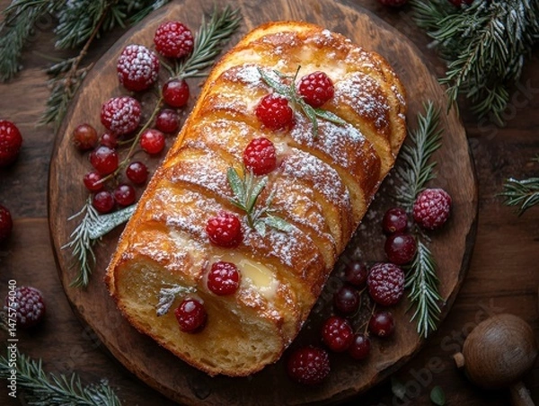 Obraz Freshly Baked Sweet Bread Loaf with Raspberries and Decorative Greens on Rustic Wooden Table Surrounded by Seasonal Berries and Sprigs