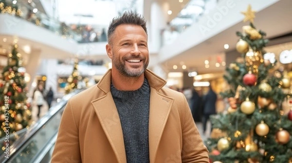 Obraz Smiling man in warm coat enjoying festive atmosphere at a modern shopping mall decorated for Christmas with sparkling lights and holiday cheer